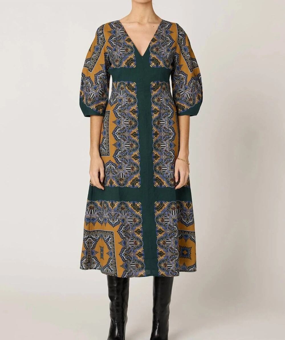 NWT Cleobella Mercedes Midi Autumn Wedding Guest Dress Mercado Green Boho Small